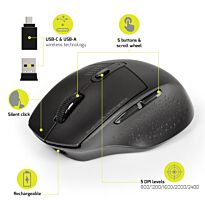 Port Wireless Rechargeable 1600DPI 5 Button Bluetooth Mouse - Black