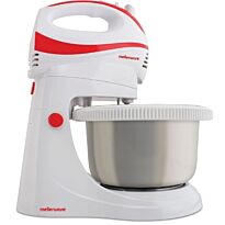 Mellerware Prima Hand Mixer With Bowl- 5 Speed With Turbo Function , 200w Power Output , Eject Button To Detach Mixer From Base, Includes Stainless Steel 2.5 Litre Capacity Bowl,2 X Chromed Beaters, 2x Kneader Hooks, Colour Red And White 