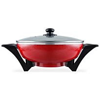 Mellerware Electric Bangkok Wok- 33x9cm, 1500w Tempered Glass Lid With Steam Vent, Die Cast Aluminium Finish, High Quality Non-Stick Coating, Cool Touch Handles, Includes Steam And Drip Rack, Colour Red , Retail Box 1 Year Warranty