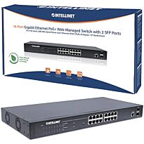 Intellinet 16-Port Gigabit Ethernet PoE+ Web-Managed Switch with 2 SFP Ports - IEEE 802.3at/af Power over Ethernet (PoE+/PoE) Compliant, 374 W, Endspan, 19 Inch Rackmount, Retail Box, 1 year Limited Warranty 