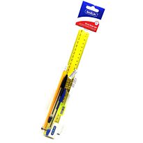 Marlin 6 Piece Writing Pack- 30cm Ruler, Black Ball Point Pen, Blue Ball Point Pen, Rubber Tipped Pencil, Sharpener, Eraser, Colour Yellow, Retail Packaging, No Warranty