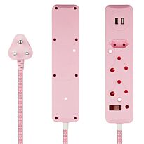 SWITCHED 3 Way Medium Surge Protected Multiplug with Dual 2.4A USB Ports 0.5M Braided Cord Pink