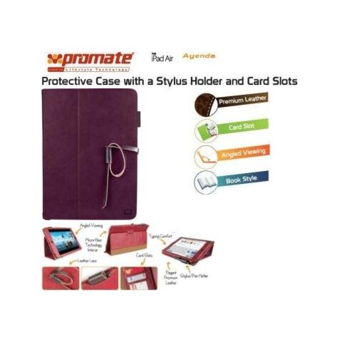 Promate Agenda Premium Protective Leather Case with Stylus Holder and Card Slot for iPad Air-Purple