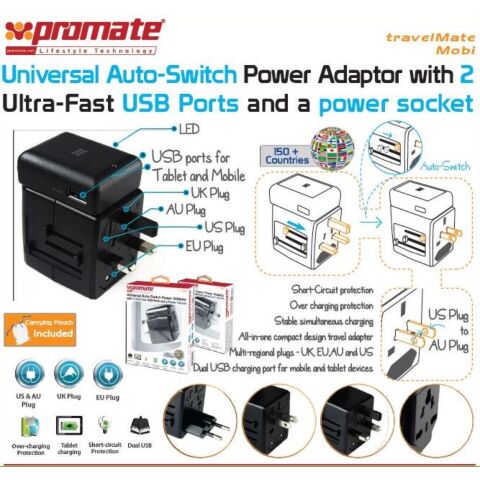 Promate Travelmate.Mobi Universal Auto-Switch Power Adaptor with 2 Ultra-Fast USB Ports and a power socket