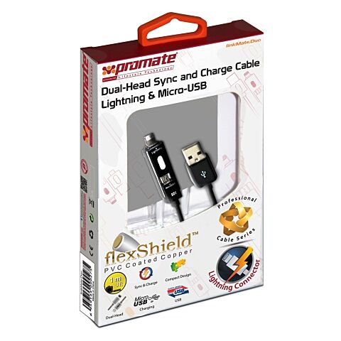 Promate linkMate.Duo Dual-Head Sync and Charge Cable Lightning & Micro-USB - Black