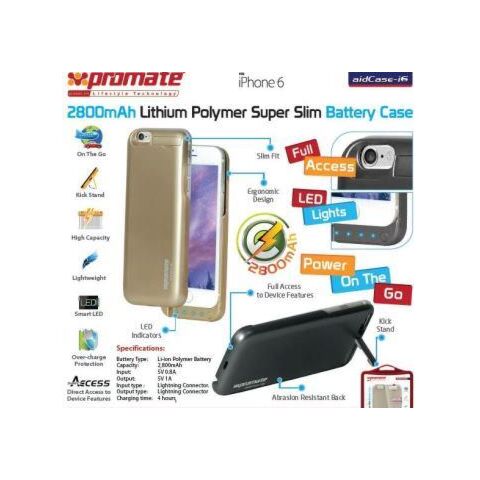 Promate aidCase-i6 2800mAh Lithium Polymer Super Slim Battery Case - Gold
