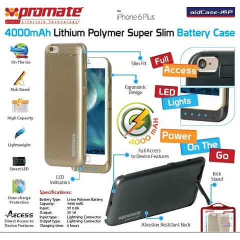 Promate aidCase-i6P 4000mAh Lithium Polymer Super Slim Battery Case - Black