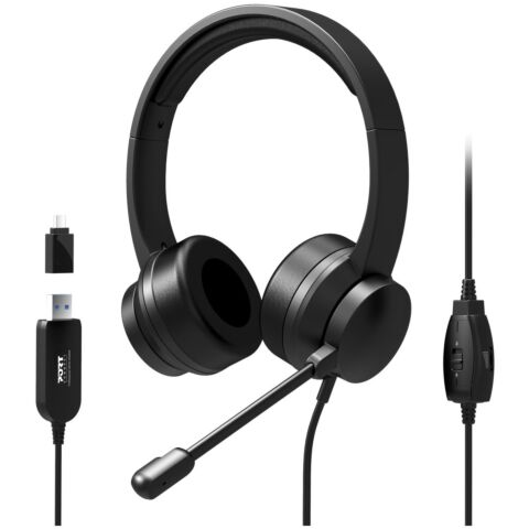Port headset with Microphone - USB Type-A and USB Type-C - Black