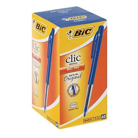 Bic Clic Blue Medium Ballpoint Pens with Retractable Side Push Button-Medium 1.0 mm point-Sold as a Box of 60