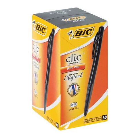 Bic Clic Black Medium Ballpoint Pens with Retractable Side Push Button-Medium 1.0 mm point-Sold as a Box of 60