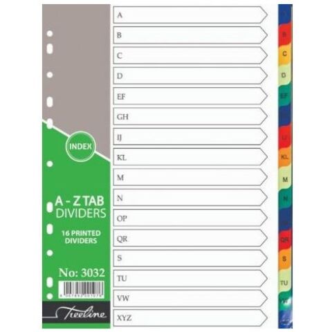 Treeline PVC A4 Index A to Z Tab Dividers 16 Printed Dividers Ref 3032