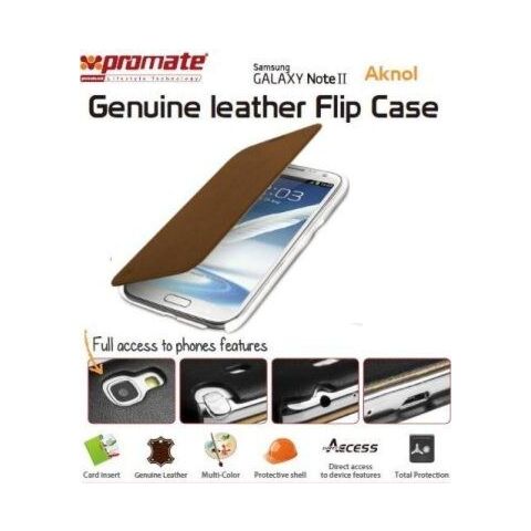 Promate Aknol-Premium Leather Flip Case for Samsung Galaxy Note 2-Brown Retail Box 1 Year Warranty