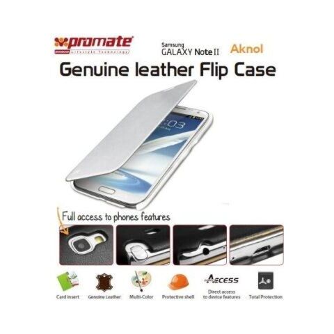 Promate Aknol-Premium Leather Flip Case for Samsung Galaxy Note 2-White Retail Box 1 Year Warranty