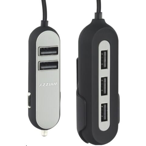 Whizzy 5 Port USB Family Car Charger- Charges Up To 5 Devices Simultaneously Via Car Lighter Socket