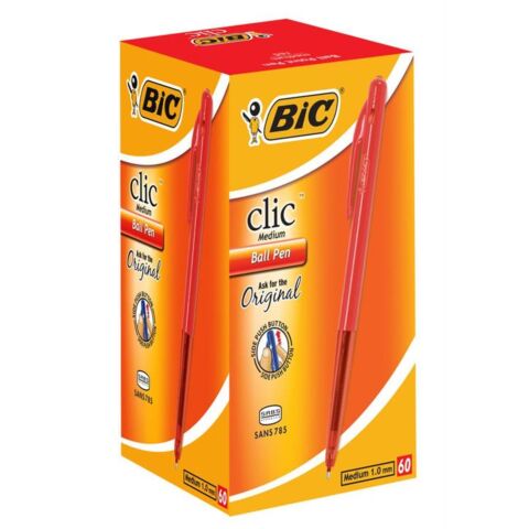 Bic Clic Red Medium Ballpoint Pens with Retractable Side Push Button-Medium 1.0 mm point-Sold as a Box of 60