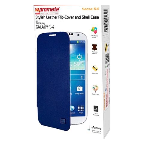 Promate Sansa-S4 Stylish Leather Flip-Cover and Shell Case for Samsung Galaxy S4-Blue Retail Box 1 Year Warranty
