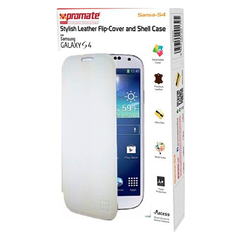 Promate Sansa-S4 Stylish Leather Flip-Cover and Shell Case for Samsung Galaxy S4-White Retail Box 1 Year Warranty