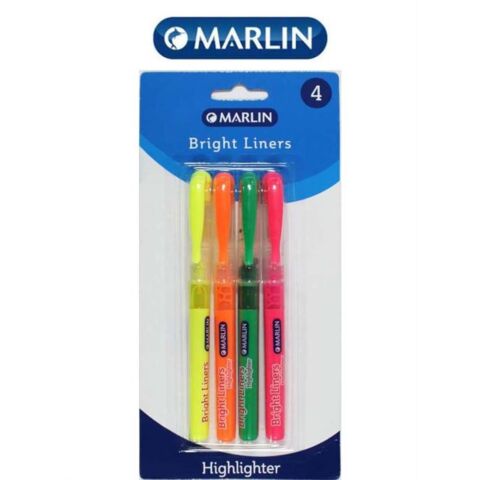 Marlin Bright Liners Pen Type Highlighters assorted colours ( Pack of 4 )