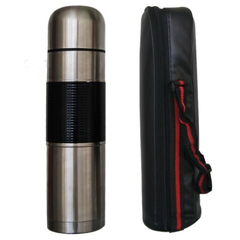 Totally 1 Litre Bullet Stainless Steel Flask With Antislip Grip And Bag- Screw On Cup And Stopper