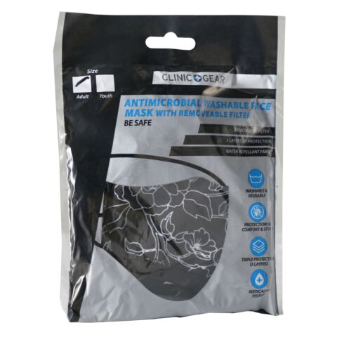Clinic Gear Anti-Microbial Printed Mask Ladies Floral - Black
