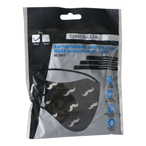 Clinic Gear Anti-Microbial Printed Mask Mens Moustache - Black