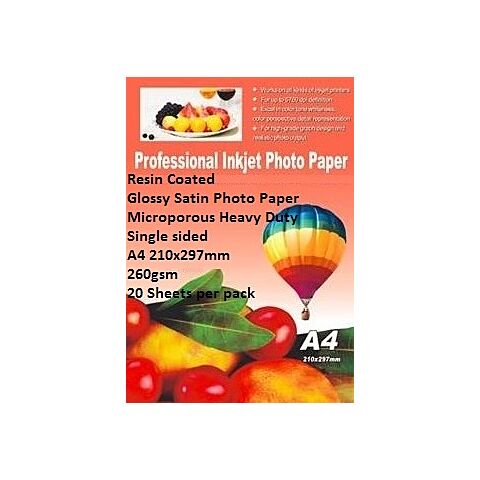 E-Box Resin Coated Glossy Satin Photo Paper- Microporous Heavy Duty Single sided A4 210x297mm-260gsm-20 Sheets