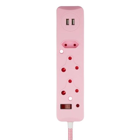 SWITCHED 3 Way Surge Protected Multiplug with Dual 2.4A USB Ports 3M Braided Cord Pink