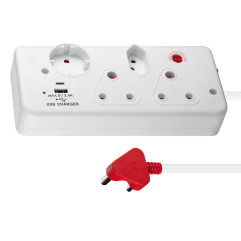 SWITCHED 4Way with 1xType C+1xUSB 2.4A socket Medium Surge Protected 0.5m