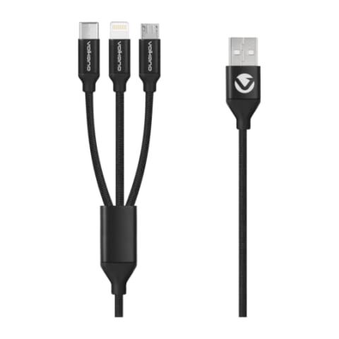 Volkano Weave Series Fabric Braided 3 in 1 (Type-C / Lightning / Micro) Cable 1m - Black