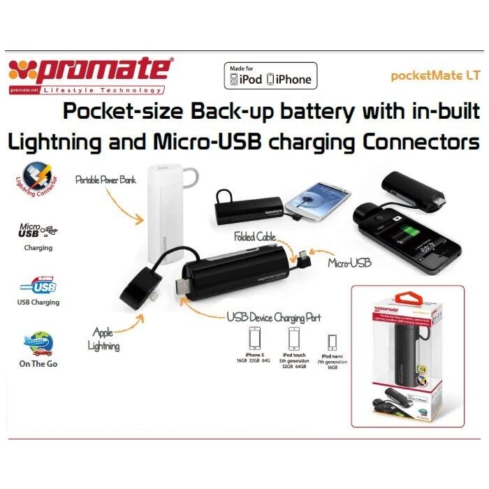 Promate pocketmate LT Pocket-size Back-up battery with in-built Lightning and Micro-USB charging White