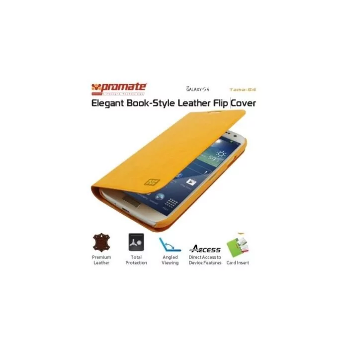 Promate Tama-S4 Elegant Book-Style Leather Flip Cover for Samsung Galaxy S4-Orange