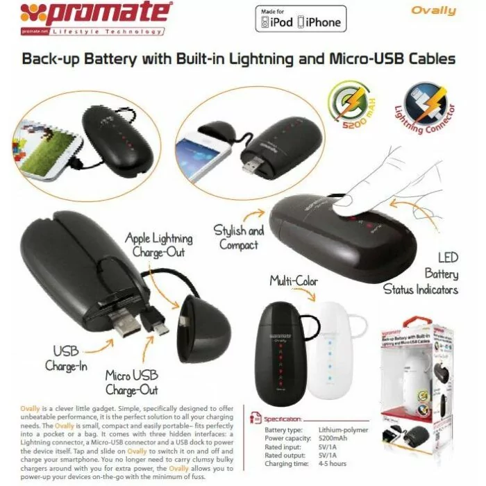 Promate Ovally White 5200mah Portable Back-Up Battery With In-Built Apple Lightning And Micro-USB Charging Cable White