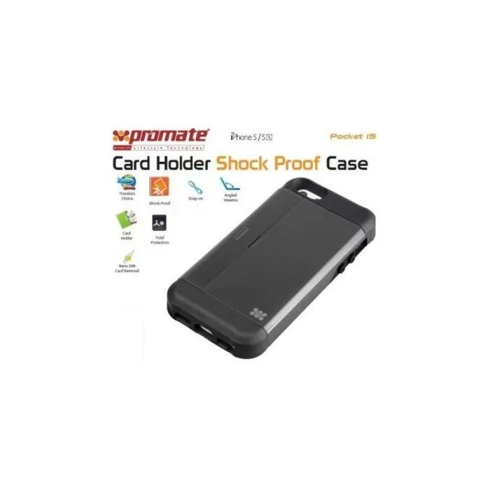 Promate Pocket i5 Shock Proof rubberized case with an in built card holder for iPhone 5/5s-Grey