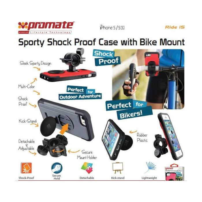Promate Ride i5-Shock Proof Case with Bike Mount for iPhone 5/5S Colour Red