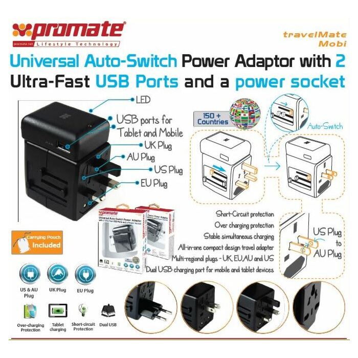 Promate Travelmate.Mobi Universal Auto-Switch Power Adaptor with 2 Ultra-Fast USB Ports and a power socket