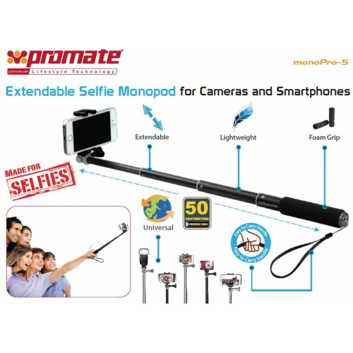 Promate Monopro-5 Extendable Selfie Monopod for Cameras and Smartphones Colour Grey