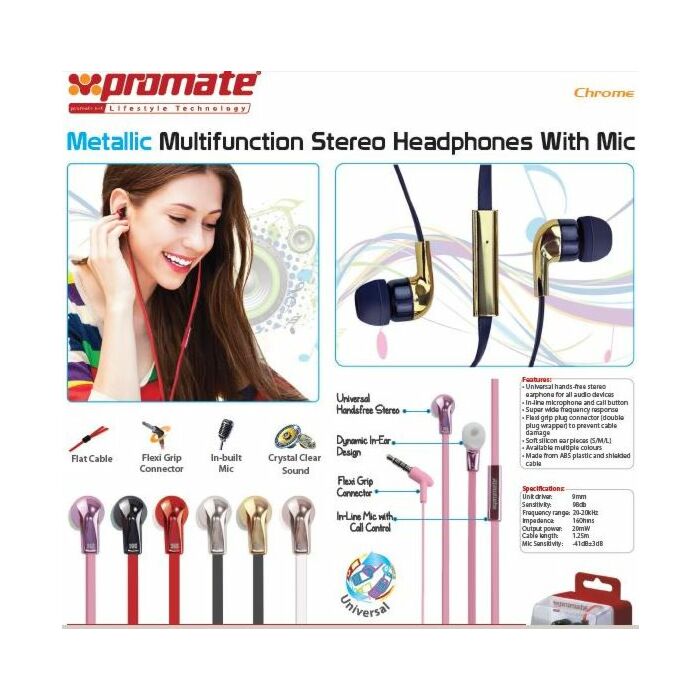Promate Chrome Metallic Multifunction Stereo Headphones With Mic - Champagne