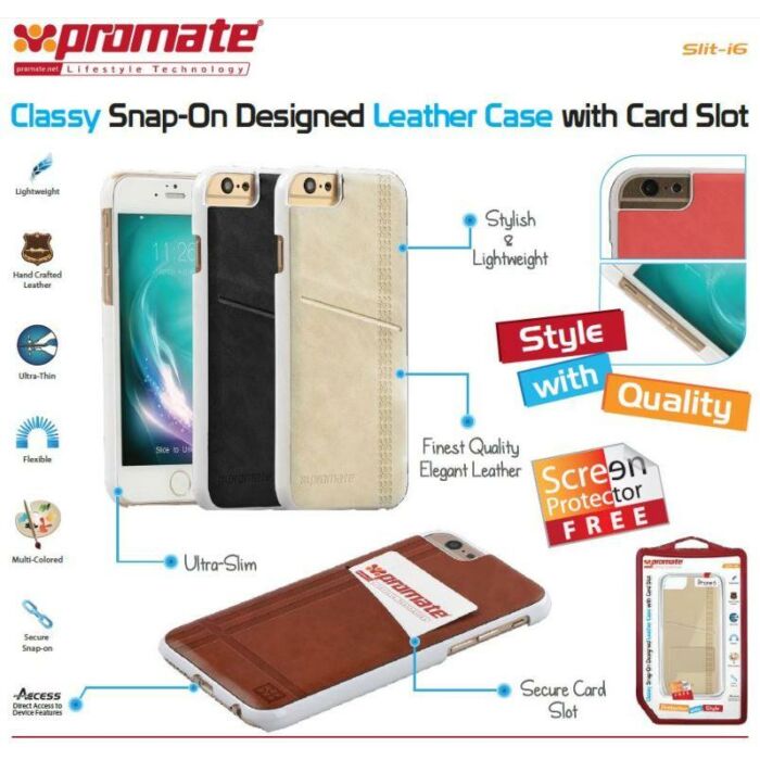 Promate Slit-i6 Classy Snap-On leather case with card slot For iPhone 6 Colour Brown
