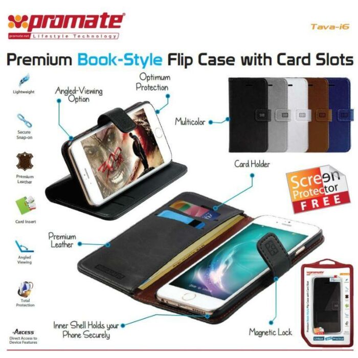Promate Tava-i6 Premium Book-Style Flip Case with Card Slot for iPhone 6 Colour Brown