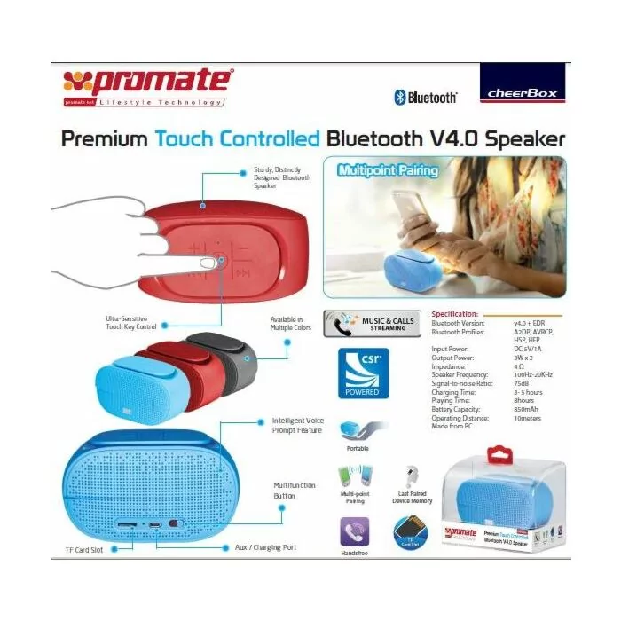 Promate cheerBox Premium Touch controlled Bluetooth? V4.0 Speaker-Maroon