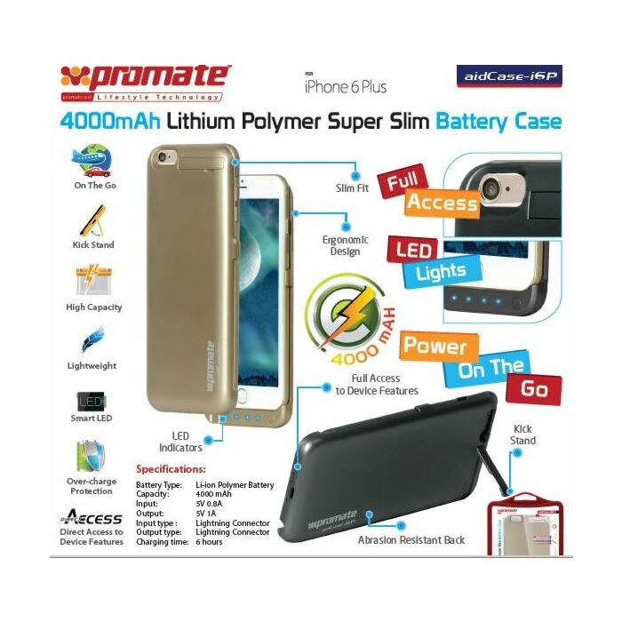 Promate aidCase-i6P 4000mAh Lithium Polymer Super Slim Battery Case - Black
