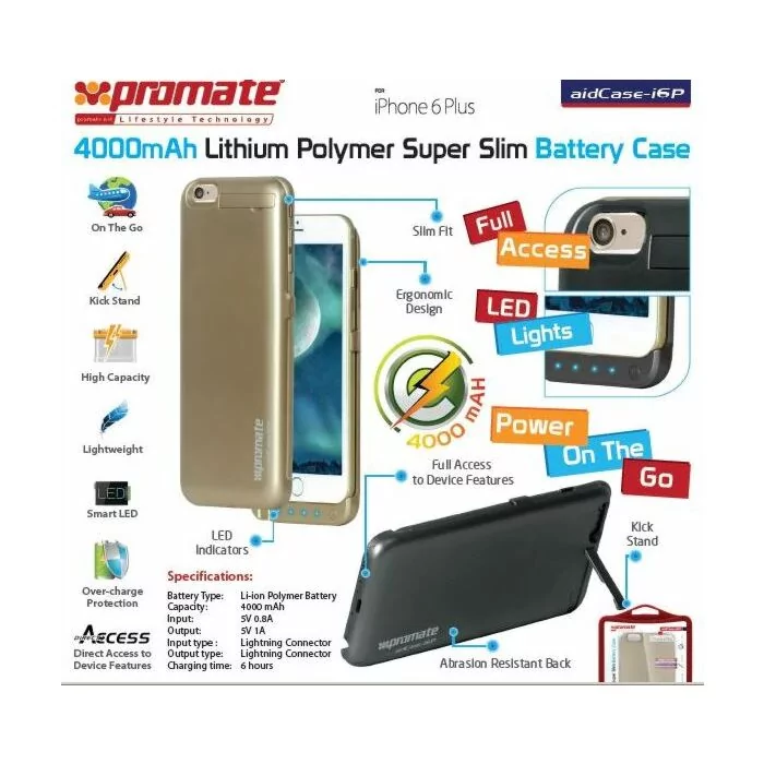 Promate aidCase-i6P 4000mAh Lithium Polymer Super Slim Battery Case - Gold