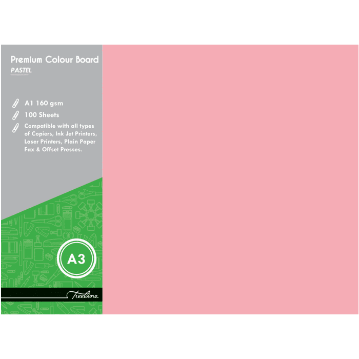Treeline A3 Pastel Board 160gsm Pkt-100 Pink