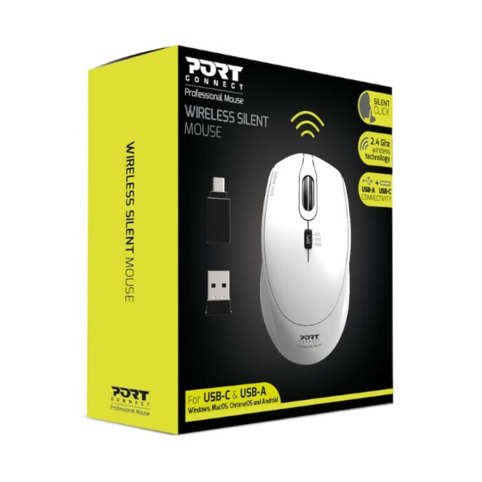 Port Wireless Silent 3600DPI 3 Button USB and Type-C Dongle Mouse - White