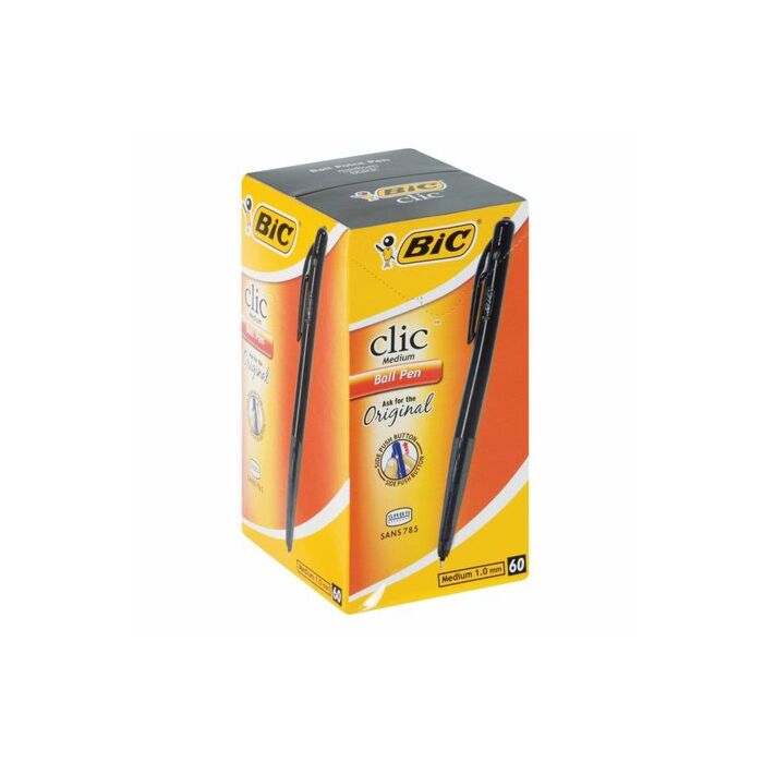Bic Clic Black Medium Ballpoint Pens with Retractable Side Push Button-Medium 1.0 mm point-Sold as a Box of 60