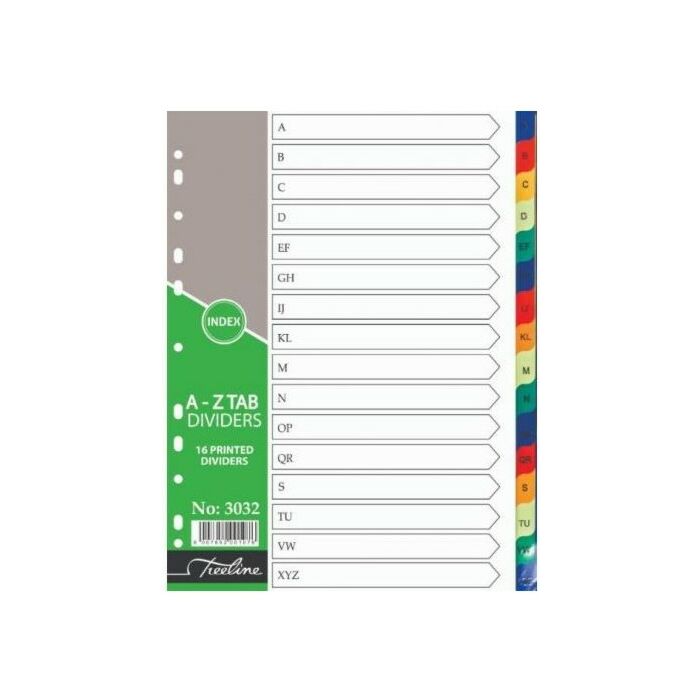 Treeline PVC A4 Index A to Z Tab Dividers 16 Printed Dividers Ref 3032