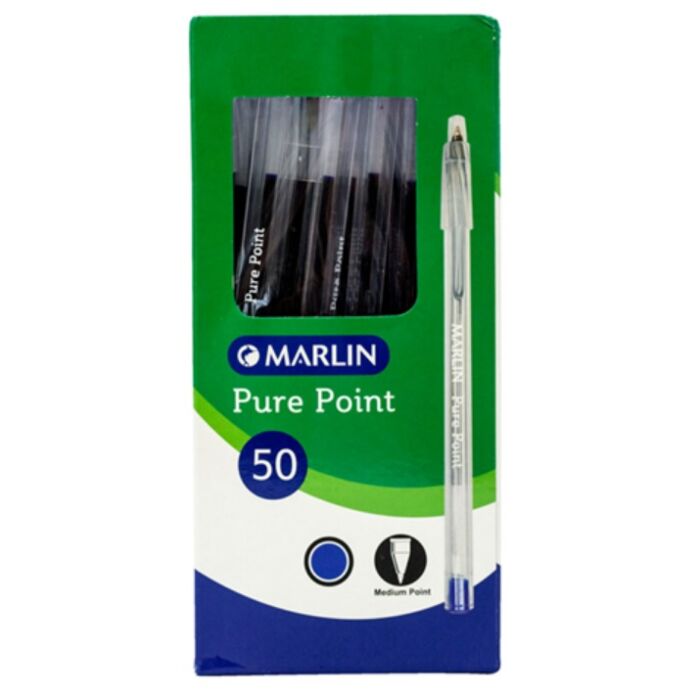 Marlin Pure Point Transparent Barrel Pen Blue Ink Box of 50- Smooth Writing