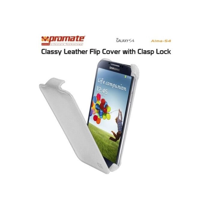 Promate Alma-S4 Classy Leather Flip Cover with Clasp Lock for Samsung Galaxy S4-Whiteue Retail Box 1 Year Warranty
