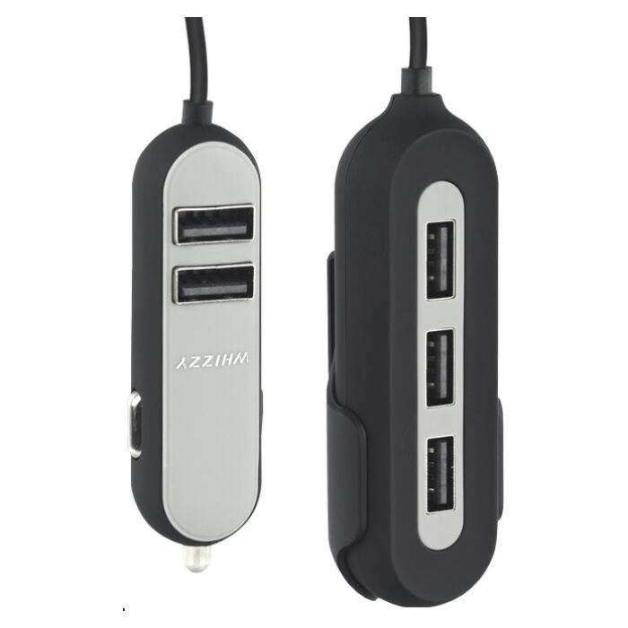 Whizzy 5 Port USB Family Car Charger- Charges Up To 5 Devices Simultaneously Via Car Lighter Socket
