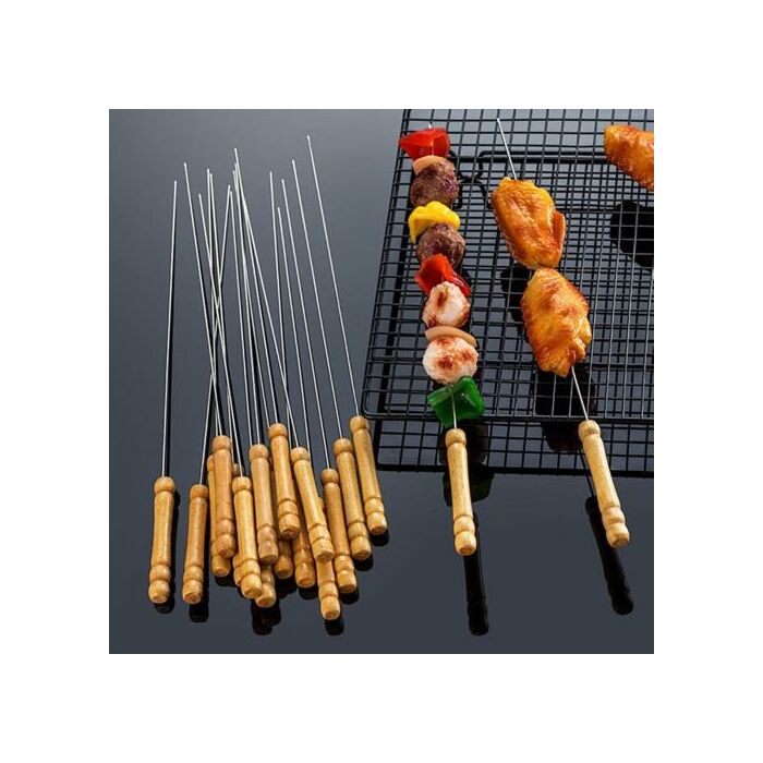 Casey 12 Piece Stainless Steel 30cm Length BBQ Kebab Skewers with Wooden Handle- Stainless Steel Skewers Are Rustproof And Reusable